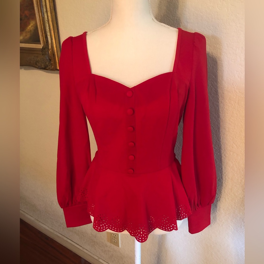 Elegant Red Retro Peplum Christmas Red Blouse Belle Poque